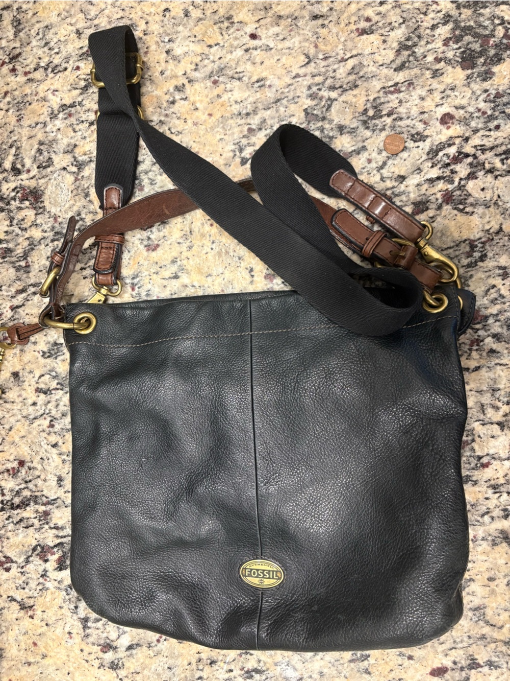 Fossil Black Leather Messenger Bag with Brown Leather Accents
